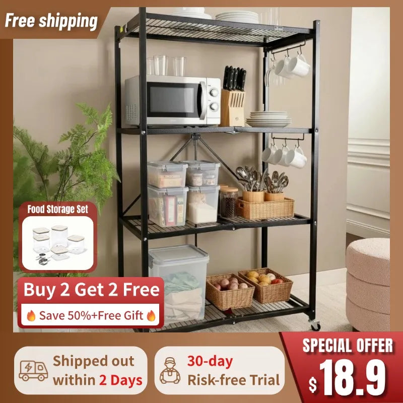 【🔥Direct Discount🔥】4-Tier Foldable Storage Shelves with Wheels(BUY 2 GET 2 FREE + FREE GIFT)