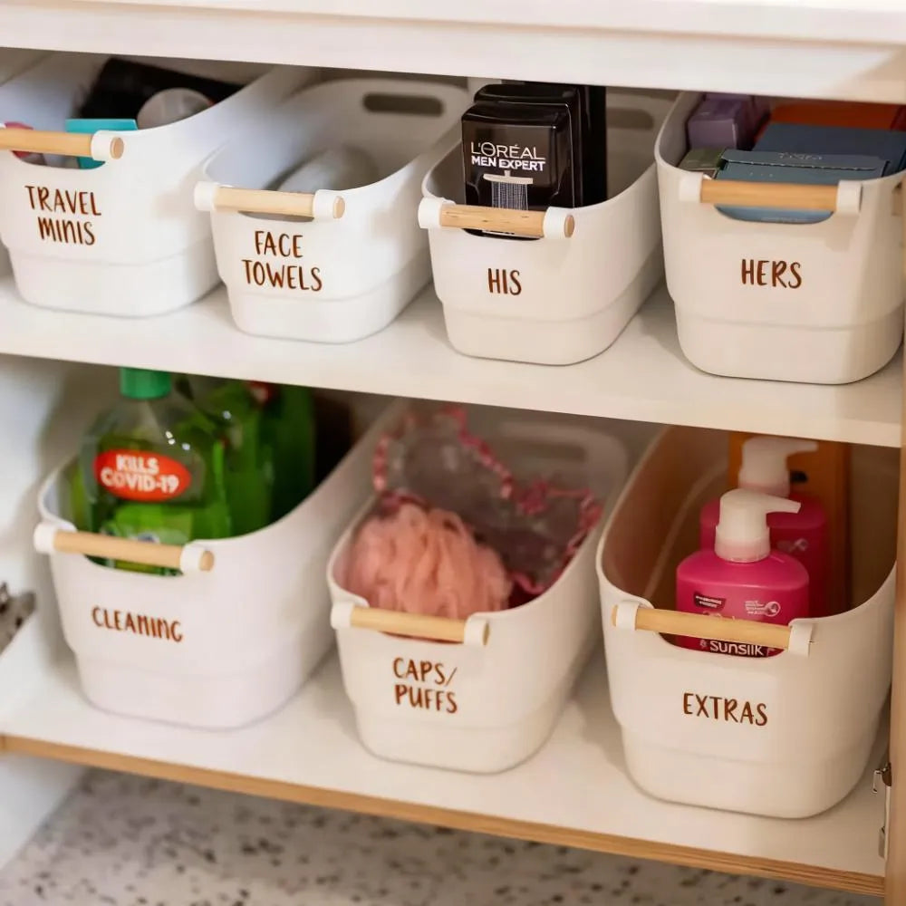 Medium Storage Tub (White) with Wooden Handle